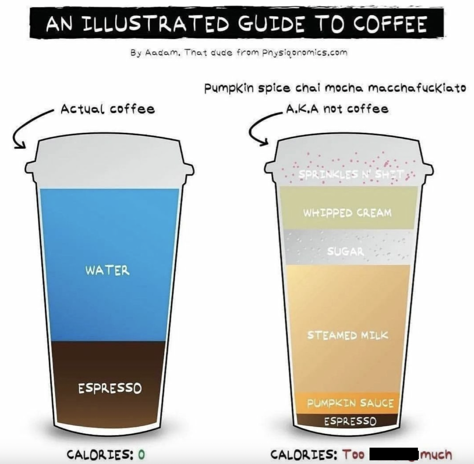 cosmetics - An Illustrated Guide To Coffee By Aadam. That dude from Physigonomics.com Actual coffee Pumpkin spice chai mocha macchafuckiato A.K.A not coffee Water Espresso Whipped Cream Sugar Steamed Milk Pumpkin Sauce Espresso Calories 0 Calories Too | m